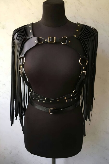 Püsküllü Deri Ceket Harness, Şık Deri Harness Ceket - APFT999 - 1