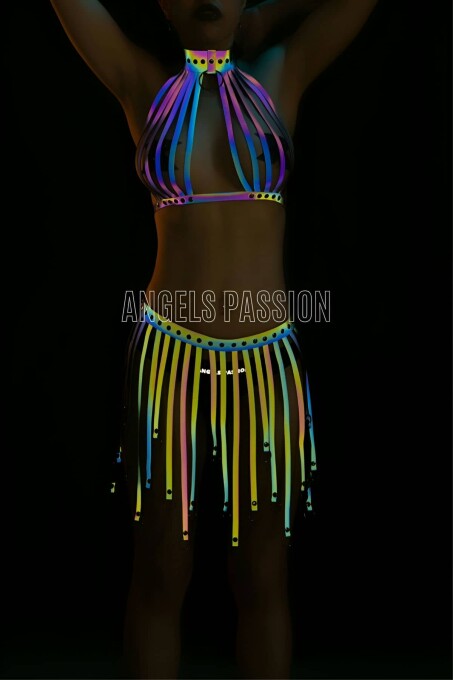 Püsküllü Renkli Reflektörlü Fantezi Elbise - Sexy Harness İç Giyim - APFT584 - 1
