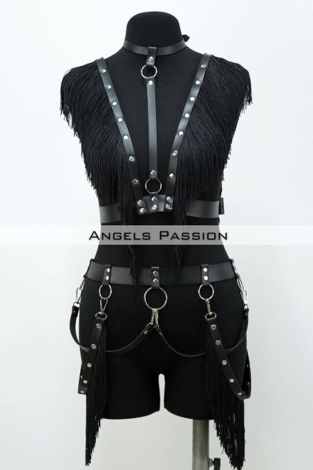 Püslüllü Deri Harness Takım, Püsküllü Elbise Aksesuarı - APFT768 - 4