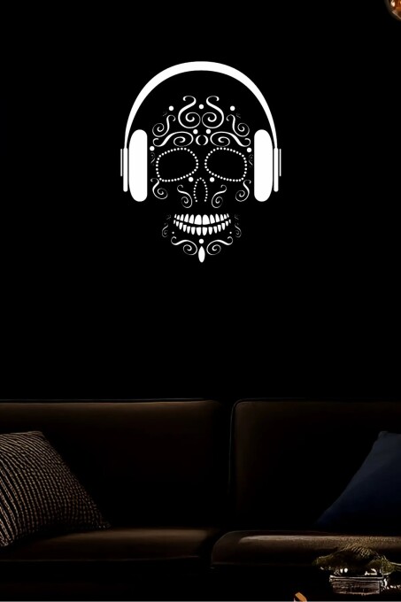 Reflektörlü Dekoratif Kulaklıklı Kuru Kafa (Sugar Skull) Deri Tablo - 1