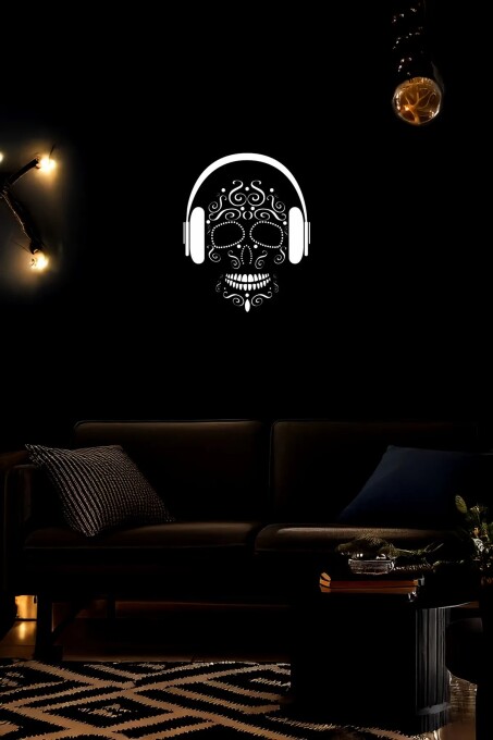 Reflektörlü Dekoratif Kulaklıklı Kuru Kafa (Sugar Skull) Deri Tablo - 4