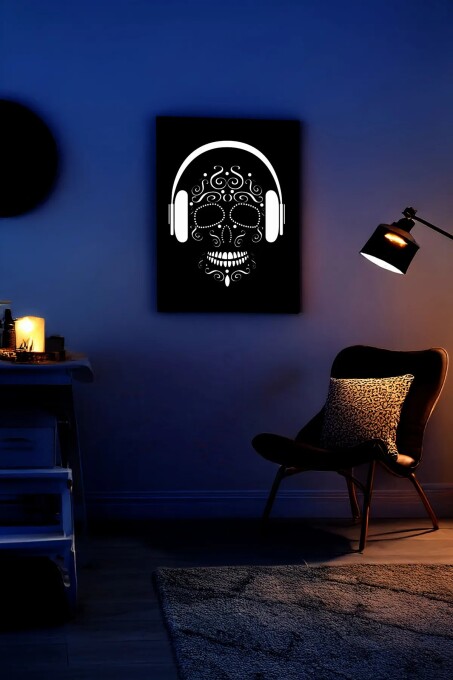 Reflektörlü Dekoratif Kulaklıklı Kuru Kafa (Sugar Skull) Deri Tablo - 5