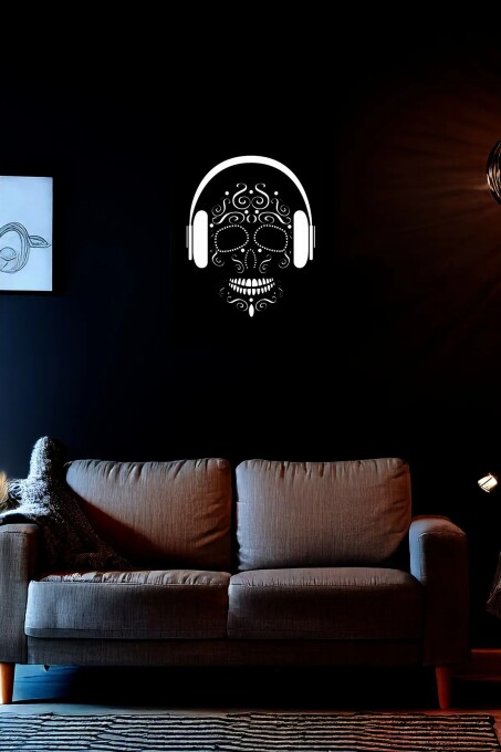 Reflektörlü Dekoratif Kulaklıklı Kuru Kafa (Sugar Skull) Deri Tablo - 6