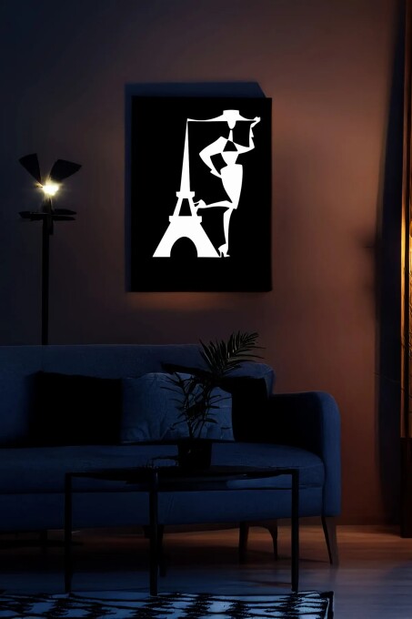 Reflektörlü Eyfel Kulesi ve Kadın Figür Deri Duvar Tablosu - 2