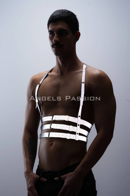 Reflektörlü (Karanlıkta Parlayan) Erkek Göğüs Harness, Parti Aksesuar, Clubwear - APFTM17 - 4
