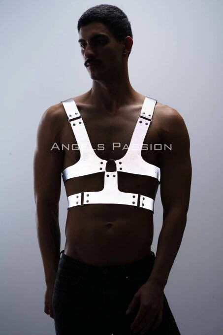 Reflektörlü (Karanlıkta Parlayan) Sert Göğüs Harness, Gay Harness Aksesuar, Gay Giyim - APFTM119 - 2