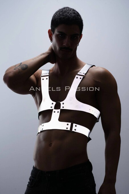 Reflektörlü (Karanlıkta Parlayan) Sert Göğüs Harness, Gay Harness Aksesuar, Gay Giyim - APFTM119 - 4