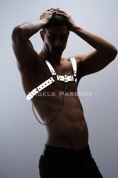 Reflektörlü (Karanlıkta Parlayan) Zincir Detaylı Şık Erkek Göğüs Harness, Reflektörlü Clubwear - APFTM109 - 5