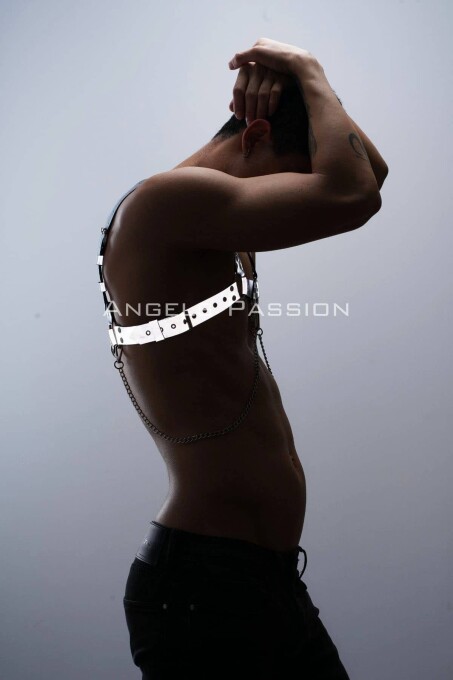 Reflektörlü (Karanlıkta Parlayan) Zincir Detaylı Şık Erkek Göğüs Harness, Reflektörlü Clubwear - APFTM109 - 6
