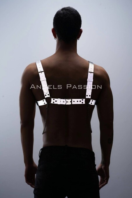 Reflektörlü (Karanlıkta Parlayan) Zincir Detaylı Şık Erkek Göğüs Harness, Reflektörlü Clubwear - APFTM109 - 7