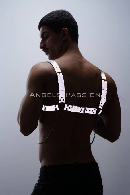 Reflektörlü (Karanlıkta Parlayan) Zincir Detaylı Şık Erkek Göğüs Harness, Reflektörlü Clubwear - APFTM109 - 8