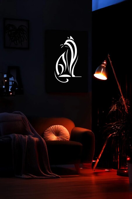 Reflektörlü Kedi Silüeti Siyah Deri Zeminli Dekoratif Tablo - 4