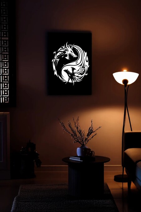Reflektörlü Yin Yang Ejderha Sembolü Deri Duvar Tablosu - 3
