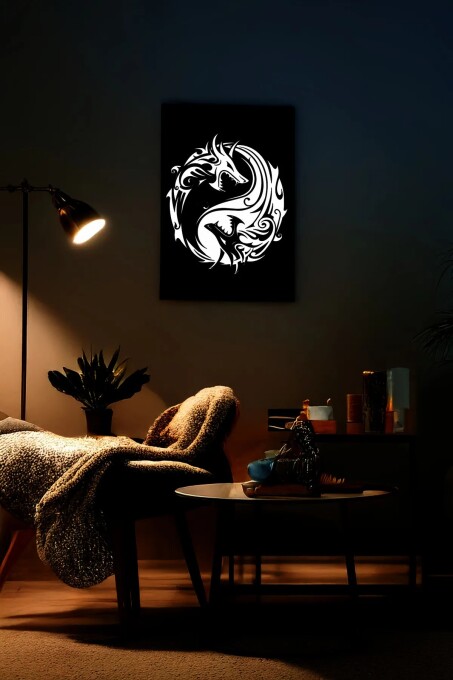 Reflektörlü Yin Yang Ejderha Sembolü Deri Duvar Tablosu - 8