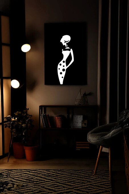 Retro Stil Reflektörlü Puantiyeli Kadın Silüeti Deri Duvar Tablosu - 6