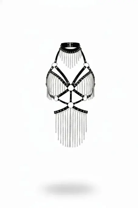 Siyah Body Harness Choker Yaka Zincir Detaylı Vücut Aksesuarı - APFT1397 - 1
