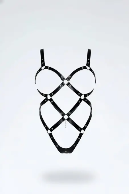 Siyah Body Harness Deri Halka Detaylı Çapraz Vücut Aksesuarı - APFT542 - 1