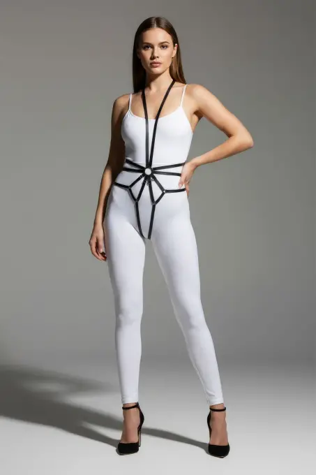 Siyah Body Harness Suni Deri Şeritli Bel Vurgulu Vücut Aksesuarı - APFT339 - 3