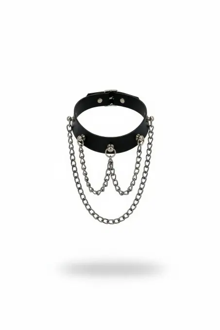 Siyah Choker Deri Zincir Detaylı Yaka Kolyesi - APFT1071 - 1