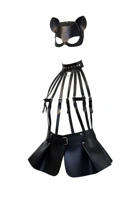 Siyah Etek Deri Harness Detaylı Etek Zımbalı Mini Etek - APFT1313 - 1