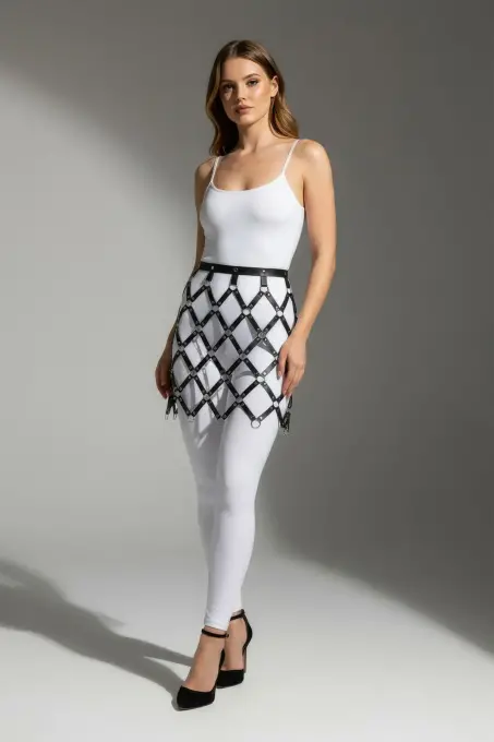 Siyah Etek Deri Kafes Desenli Halka Detaylı Etek Mini Etek - APFT694 - Angels Passion (1)