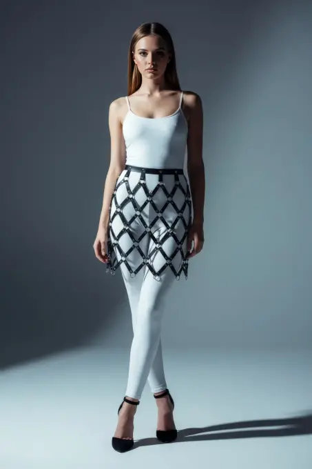 Siyah Etek Deri Kafes Desenli Halka Detaylı Etek Mini Etek - APFT694 - 3