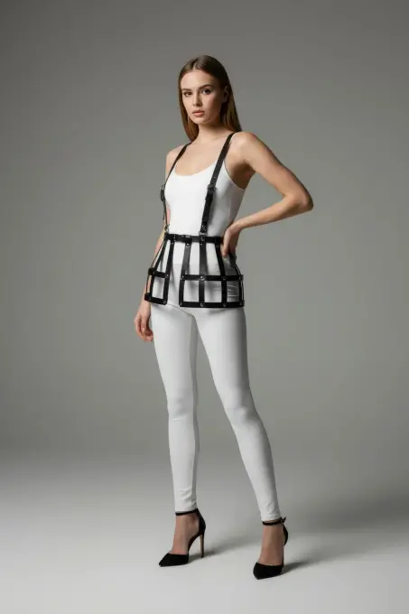 Siyah Etek Deri Kafes Detaylı Etek Yüksek Bel Etek - APFT983 - Angels Passion (1)