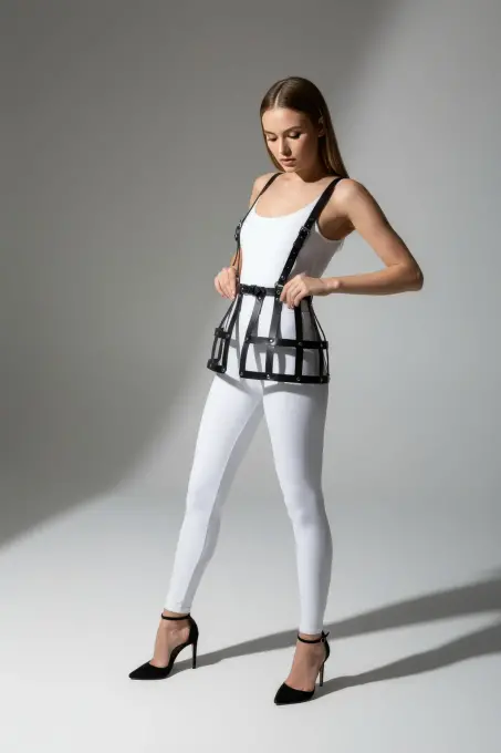 Siyah Etek Deri Kafes Detaylı Etek Yüksek Bel Etek - APFT983 - 3