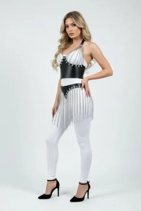 Siyah Etek Deri Korse Tipi Zincir Saçaklı - APFT994 - 1