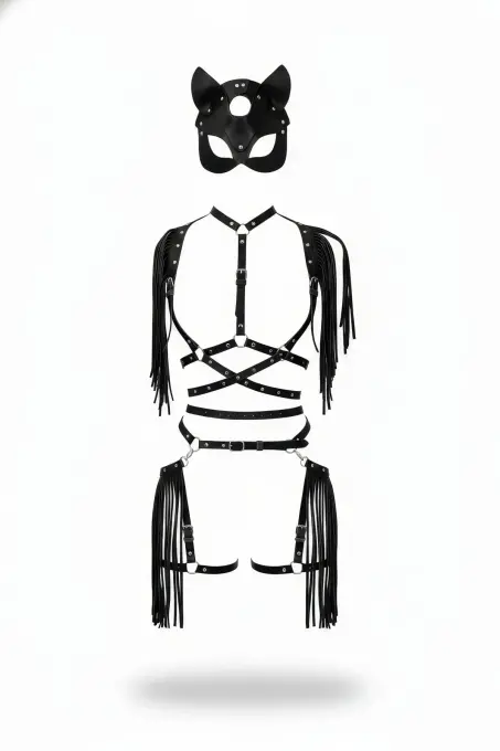 Siyah Etek Deri Püsküllü Tokalı Vücut Aksesuarı Seti - APFT892 - 1