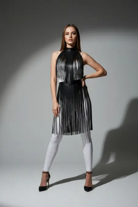 Siyah Etek Deri Şerit Detaylı Etek Yüksek Bel Etek - APFT997 - 1