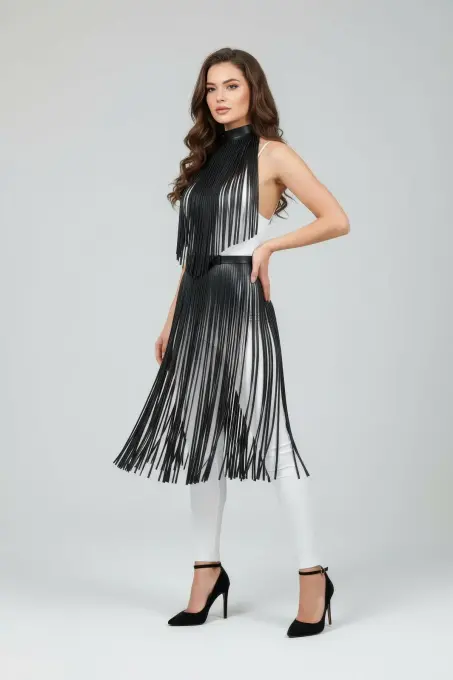 Siyah Etek Deri Şerit Detaylı Etek Yüksek Bel Etek - APFT997 - Angels Passion (1)