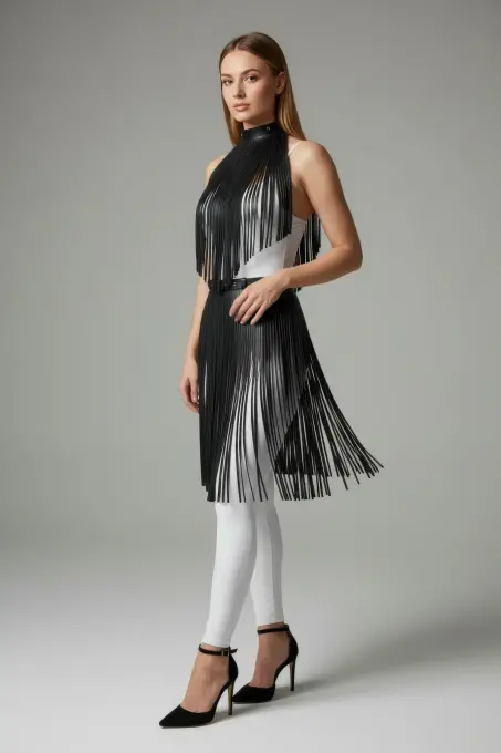 Siyah Etek Deri Şerit Detaylı Etek Yüksek Bel Etek - APFT997 - 3