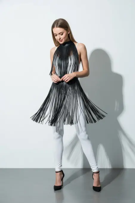 Siyah Etek Deri Şerit Detaylı Etek Yüksek Bel Etek - APFT997 - 4