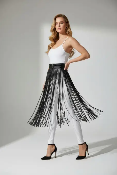 Siyah Etek Deri Uzun İnce Şerit Detaylı Etek - APFT1090 - 2