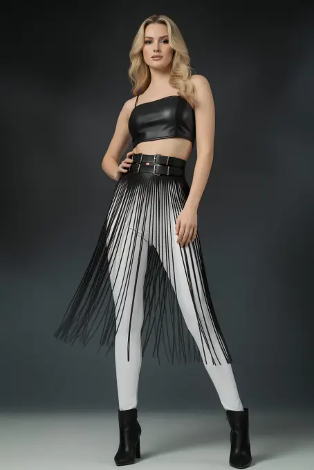 Siyah Etek Deri Yüksek Bel Etek Çift Tokalı Uzun - APFT1090 - 1