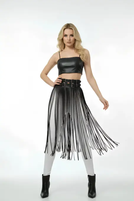 Siyah Etek Deri Yüksek Bel Etek Çift Tokalı Uzun - APFT1090 - 4