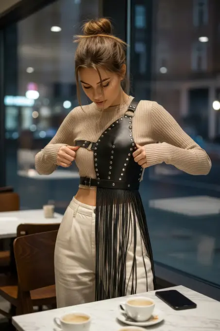 Siyah Etek Deri Zımbalı Asimetrik Püsküllü - APFT1014 - 1