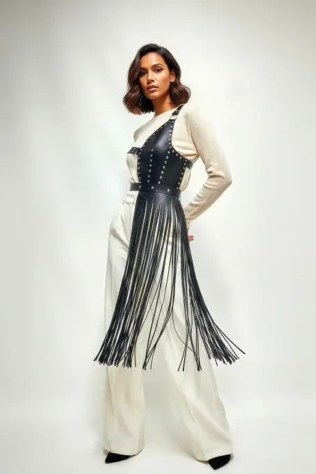 Siyah Etek Deri Zımbalı Asimetrik Püsküllü - APFT1014 - 5