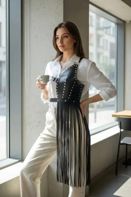 Siyah Etek Deri Zımbalı Asimetrik Püsküllü - APFT1014 - 6