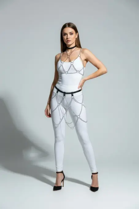 Siyah Etek Gümüş Zincir Detaylı Etek Bel Ve Bacak Takısı - APFT475 - 1