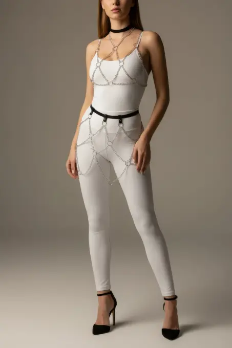 Siyah Etek Gümüş Zincir Detaylı Etek Bel Ve Bacak Takısı - APFT475 - 2