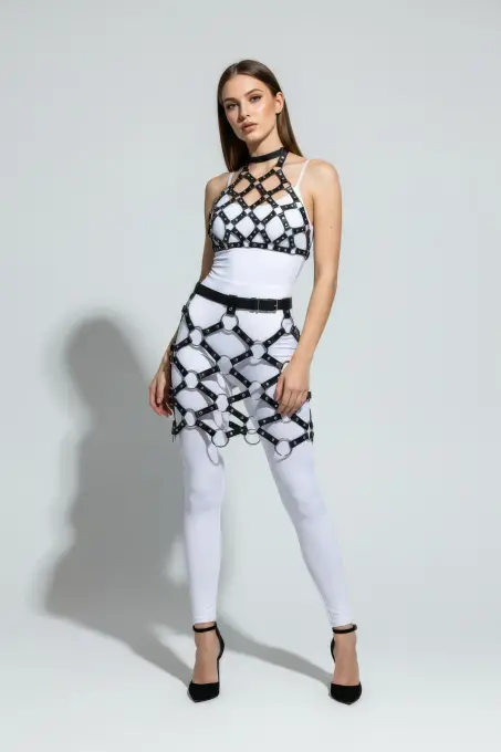 Siyah Etek Metal Halka Detaylı Etek Suni Deri Etek Kafes Yapılı - APFT1289 - 1