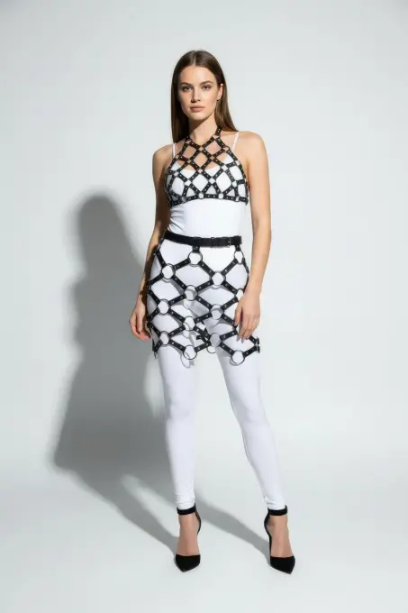 Siyah Etek Metal Halka Detaylı Etek Suni Deri Etek Kafes Yapılı - APFT1289 - 2