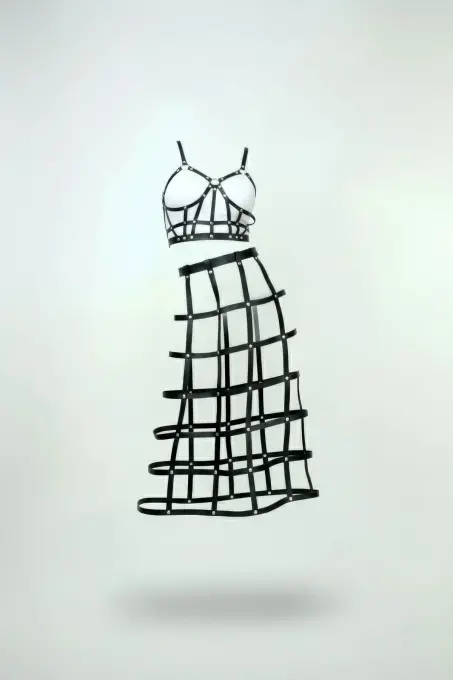 Siyah Etek Suni Deri Etek Kafes Detaylı Etek Midi Boy Deri Etek - APFT1013 - 1