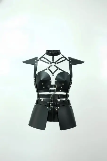 Siyah Etek Suni Deri Etek Kemer Tokalı Zımba Detaylı Etek - APFT1371 - 1