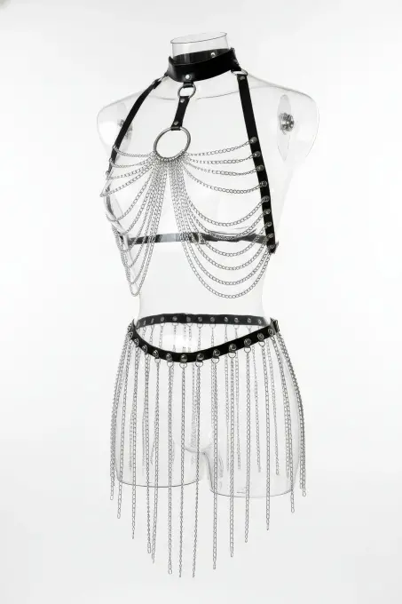 Siyah Etek Suni Deri Etek Metal Zincir Detaylı Etek - APFT462 - 1