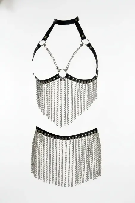 Siyah Etek Suni Deri Etek Metal Zincir Detaylı Etek Mini Etek - APFT504 - 1