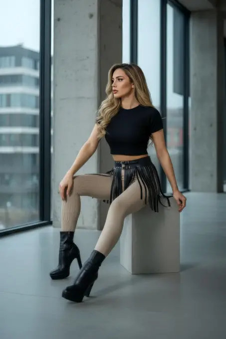 Siyah Etek Suni Deri Etek Püsküllü Mini Etek Boy - APFT1400 - 6