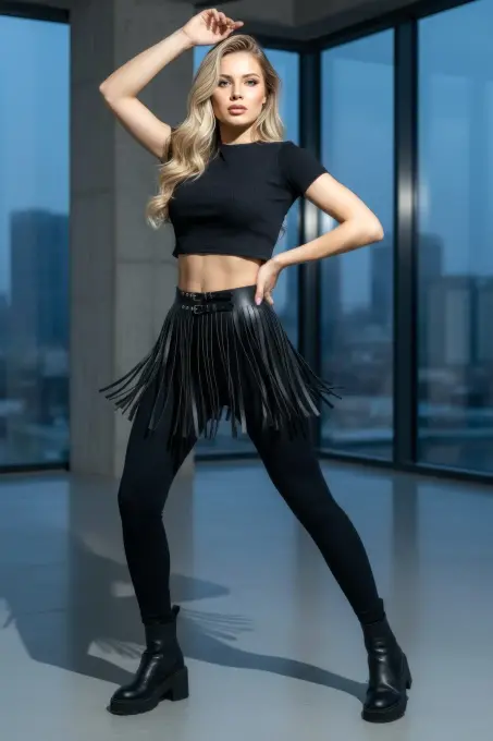 Siyah Etek Suni Deri Etek Püsküllü Mini Etek Boy - APFT1400 - 7